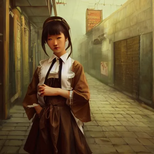 Image similar to a perfect, realistic professional oil painting in rococo style, of a Japanese schoolgirl posing in a dystopian alleyway, close-up, by a professional American senior artist on ArtStation, a high-quality hollywood-style concept