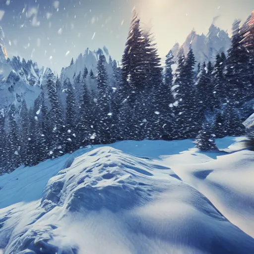 Prompt: beautiful snow covered mountains, dynamic lighting, snowfall, 4k, 8k, octane render, unreal engine, trending on artstation