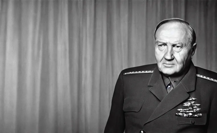 Image similar to 50s movie still close-up portrait of an elder soviet general in a empty stalinist hall, by David Bailey, Cinestill 800t 50mm chrome b&w, heavy grainy picture, very detailed, high quality, 4k, HD criterion, precise texture and facial expression