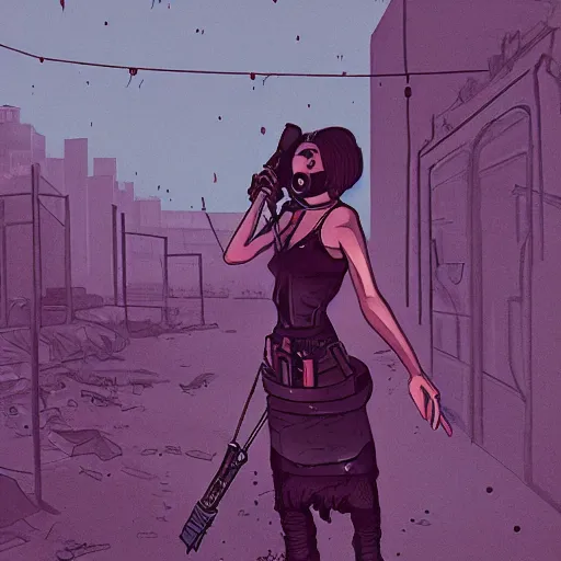 Image similar to a colorful comic noir illustration of a mad max woman in a post-apocalyptic city decaying in the desert, dark vibes, pastel lighting, cinematic, depth of field, 8k, high contrast