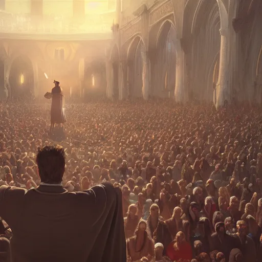 Image similar to pastor Dante Gebel giving a sermon message before a large crowd, artstation, Greg rutkowski, cinematic, digital Art