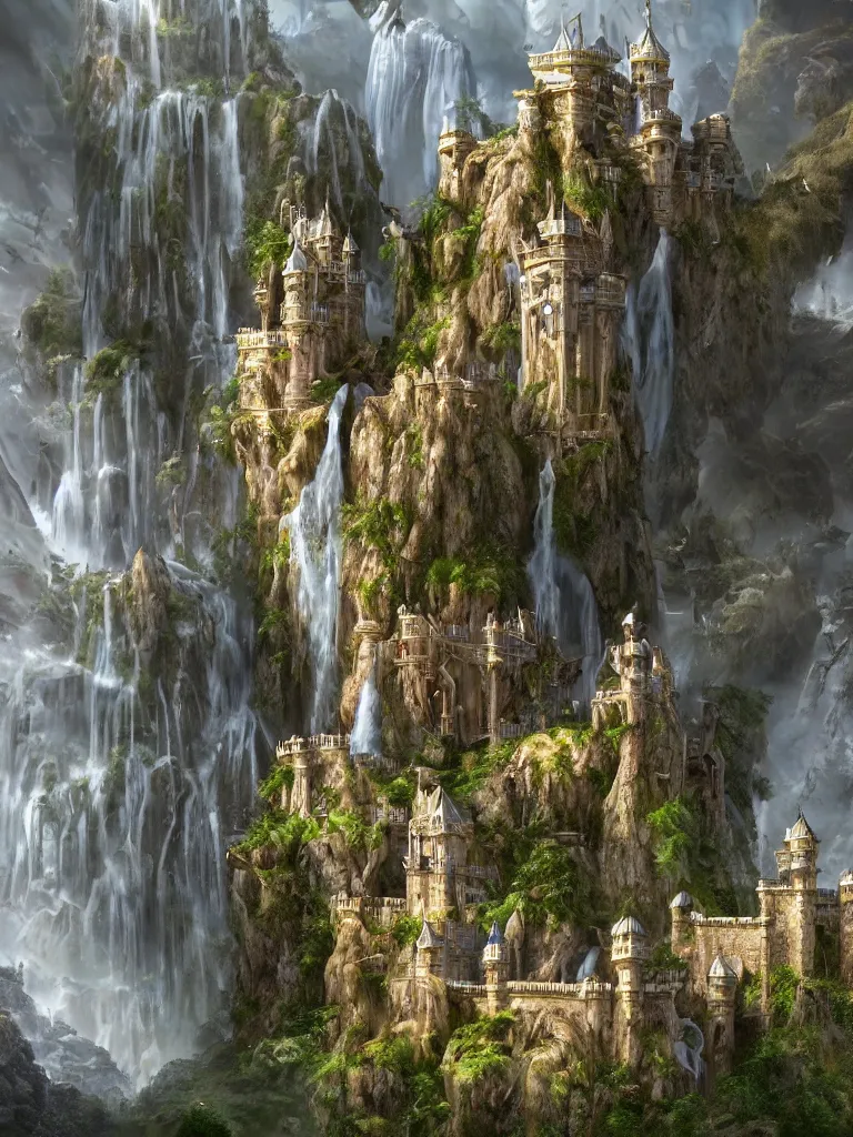 Image similar to a beautiful fantasy landscape of a large majestic castle adorned with gold linings and white marble walls from DND with lots of towers bridges and levels on top of a lush cliff with a huge waterfalls in the middle, ruins of structures at the bottom, afternoon light streaking with god rays, Dungeons and Dragons Castle, ornate, detailed, octane render, 8k, trending on artstation deviantart google images, pinterest, canon 35mm lens