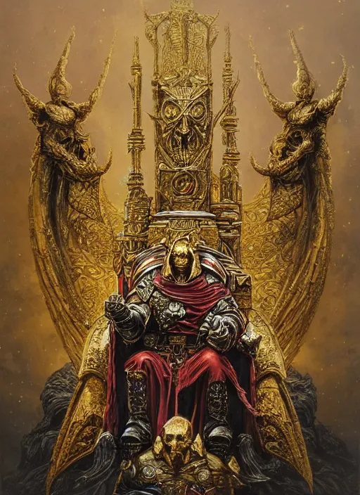 Prompt: omnious academic drawing of wh40k undead but still regal and kingly Emperor of Mankind sits on his enormous golden throne by James Gurney, Zdislaw Beksinski, Alex Gray, Greg Rutkowski, Robert McCall