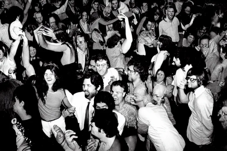 Image similar to people dancing in a club in the 70's by Geoff Darrow , they're sweating, theynre hot, colored photography, flash photography, close up, 50mm lens