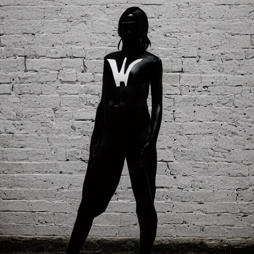 Image similar to very very beautiful dark black marble statue of a woman in the style of virgil abloh, colorful motocross logos on the wall behind her, sharp focus, clear, detailed,, cinematic, detailed, off white, heron preston, matthew williams, acronym, glamourous, symmetrical, vogue, editorial, fashion, magazine shoot, glossy