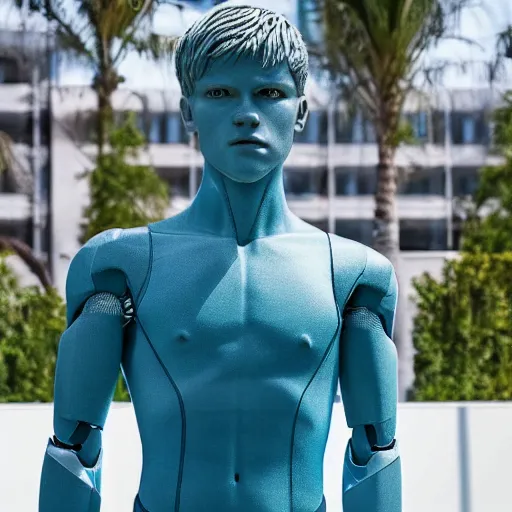 Image similar to a realistic detailed photo of a guy who is an attractive humanoid who is half robot and half humanoid, who is a male android, soccer player martin ødegaard, shiny skin, posing like a statue, blank stare, by the pool, on display, showing off his muscles, humanoid robot, frozen ice statue