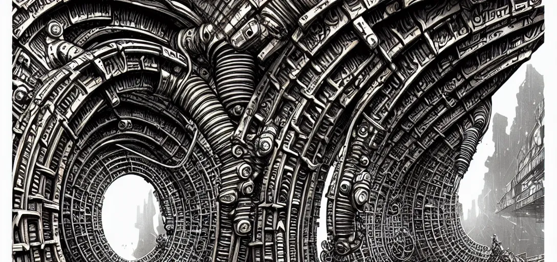 Prompt: a double helix dna cyberpunk steampunk stone carved archway, high details, lineart, by vincent di fate and joe fenton, inking, screen print, masterpiece, trending on artstation, sharp, high contrast, hyper - detailed,, hd, 4 k, 8 k