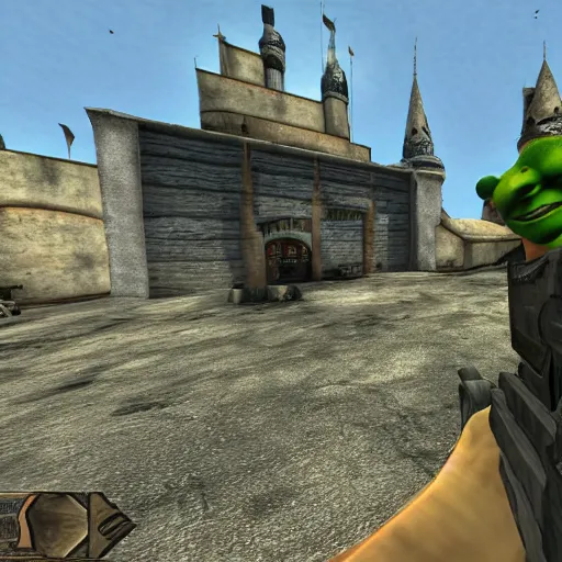 Image similar to shrek in the style of counter strike on de _ dust 2 holding a rifle