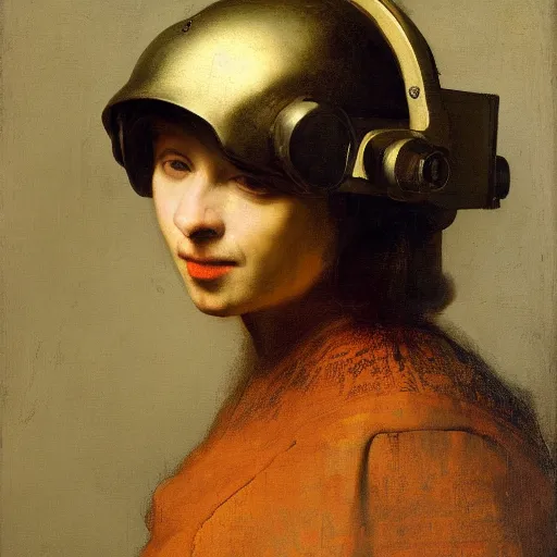 Prompt: renaissance portrait of a woman in vr helmet, by rembrandt and by valentin de boulogne