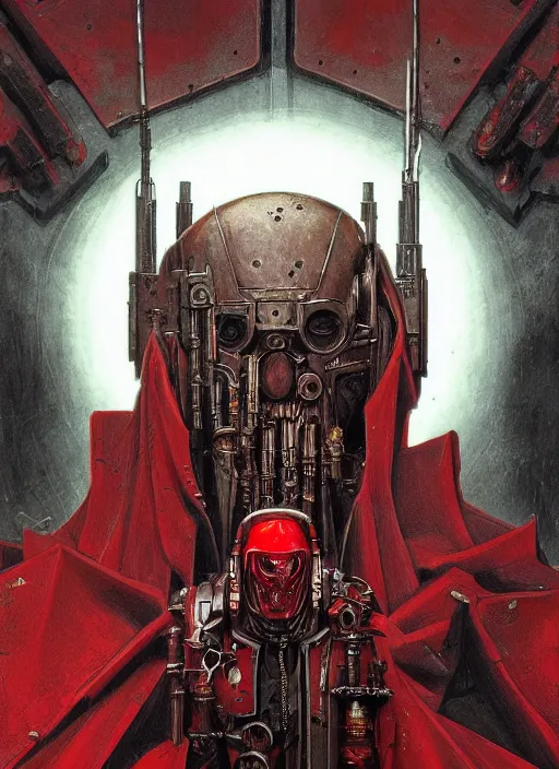 Image similar to portrait of adeptus mechanicus in red hood and robe and rotten flash head from Warhammer 40000. Highly detailed, artstation, illustration by and John Blanche and zdislav beksinski and wayne barlowe