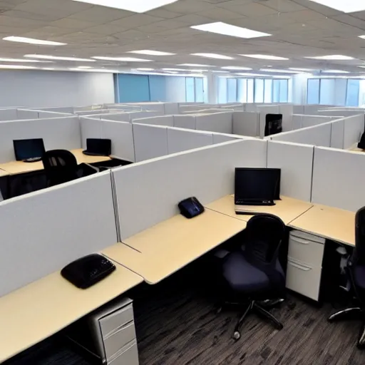 Image similar to an office space of cubicles, the employees are rats wearing business suits, wide angle
