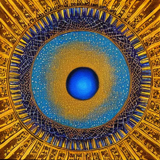 Prompt: a giant blue star inside a golden artificial megastructure, highly detailed artwork, acrylic painting