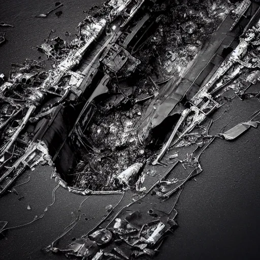 Image similar to airborne view, crashed cargo ship leaking mysterious black gooey liquid, mysterious black slime, black gooey liquid leaking out of crashed cargo ship, apocalyptic, ruined, container ship, crashed, 8 5 mm f / 1. 4