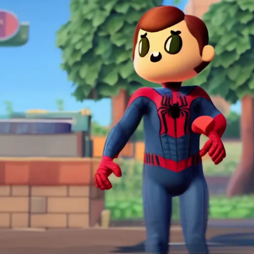 Prompt: Film still of Spider-Man, from Animal Crossing: New Horizons (2020 video game)