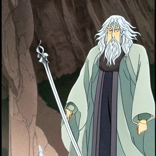 Image similar to gandalf from the anime lord of the rings (1986), studio ghibli, very detailed, hyperrealistic