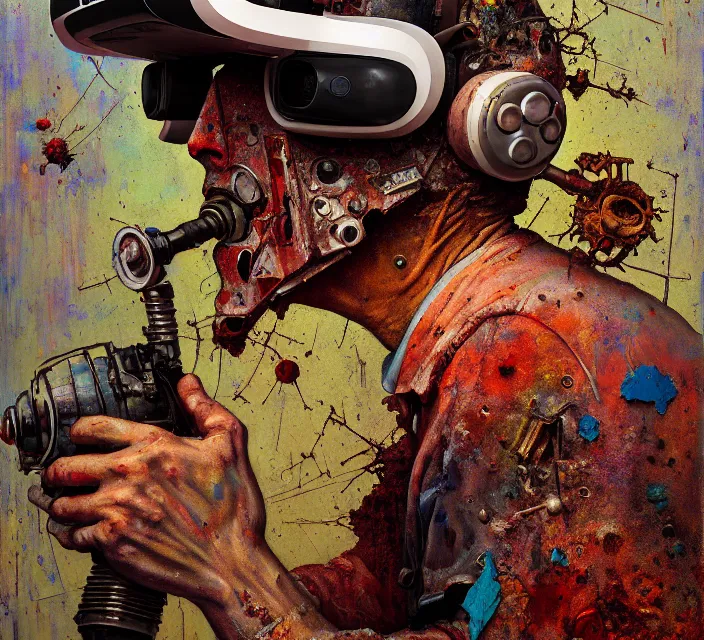 Prompt: junky men portrait, vr helmet, durty colours, rotten textures, rusty shapes, biotechnology, norman rockwell, tim hildebrandt, mark maggiori, jeff dekal, long shot, hyperrealistic oil painting on canvas, deep depth field, cinematic composition, hyper - detailed, hdr, 8 k, 4 k