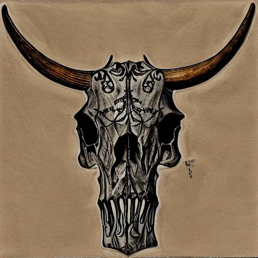 Prompt: Texas Longhorn Skull, skull bone ornately carved with delicate patterns, tritone, mixed media, fine linework, pen and ink, symmetry