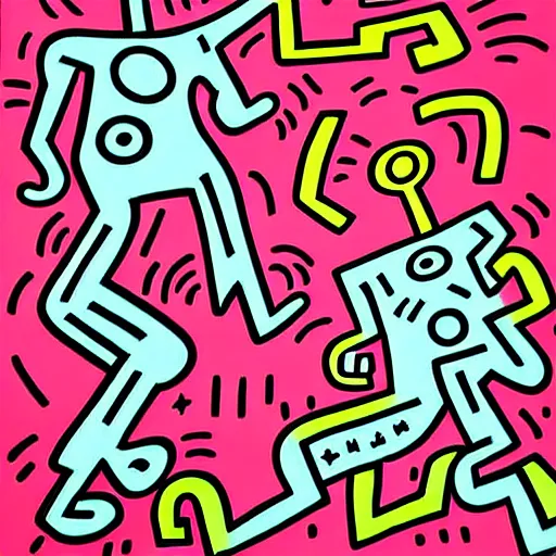 Prompt: HDR robot painting by Keith Haring