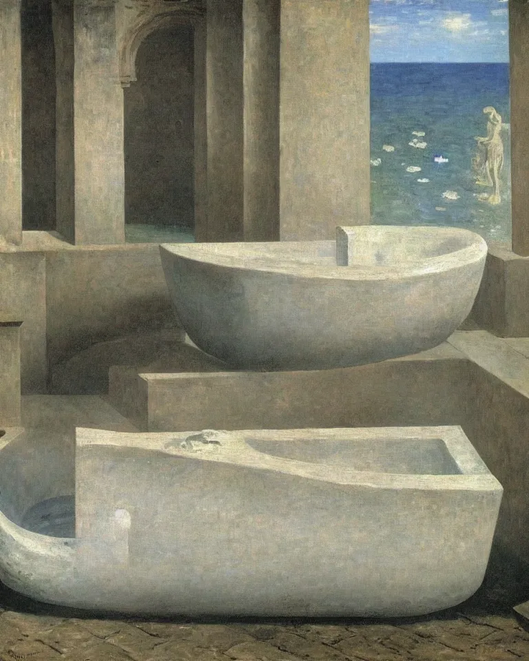 Image similar to achingly beautiful painting of an ancient roman bathtub by rene magritte, monet, and turner. piranesi.