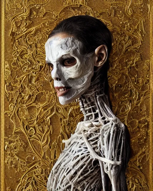 Prompt: A boney thin body girl humanoid with teared viscose clothes wearing a carved mineral mask with tiny mineral and gold incrustations, hyper detailed, insane details, intricate, elite, ornate, elegant, luxury, by Ismail inceoglu dragan bibin hans thoma greg rutkowski Alexandros Pyromallis Nekro Rene Maritte Illustrated, Perfect face, fine details, realistic shaded, fine-face, pretty face