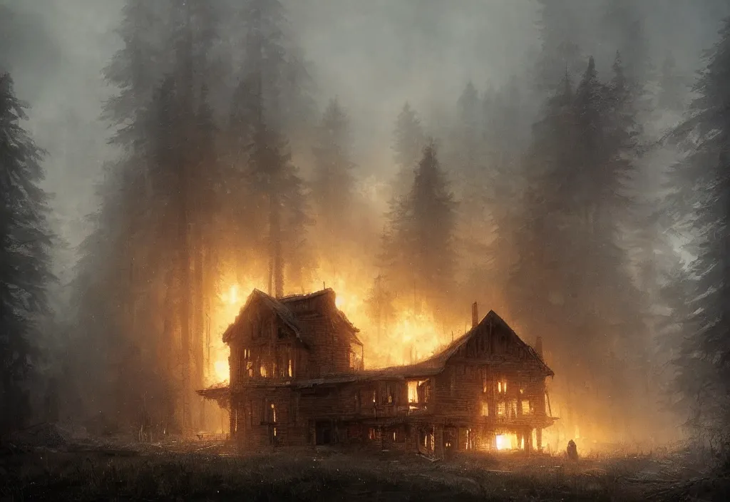 Image similar to a white wolf in front of a large burning timber house, artstation, jakub rozalski, high detail, dramatic lighting, night, fog