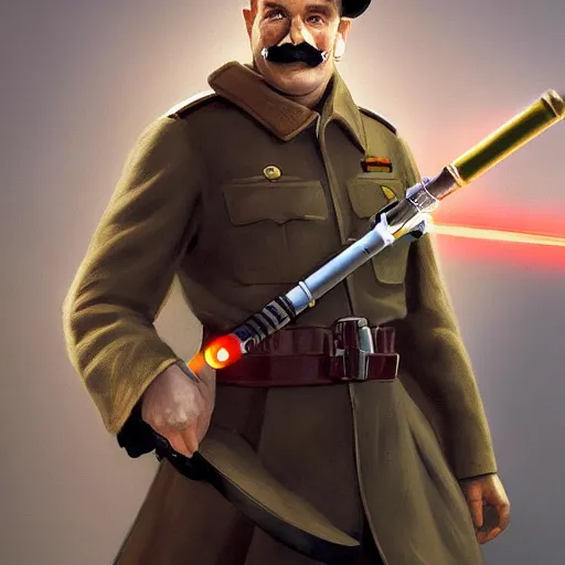 Prompt: character portrait of a russian man in khaki military tunic wearing black hat with black moustache holding a lightsaber, no beard, medium shot, concept art, global illumination, 4 k, hyper detailed, pixar animation style, 8 k, studio light, award winning, by artgerm, sylvain sarrailh, rossdraws, wlop, beautiful!.