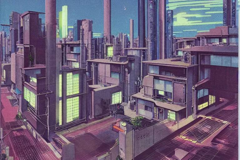 Image similar to 1 9 7 9 omni magazine cover of gated community in osaka. large modern houses. cyberpunk style by vincent di fate