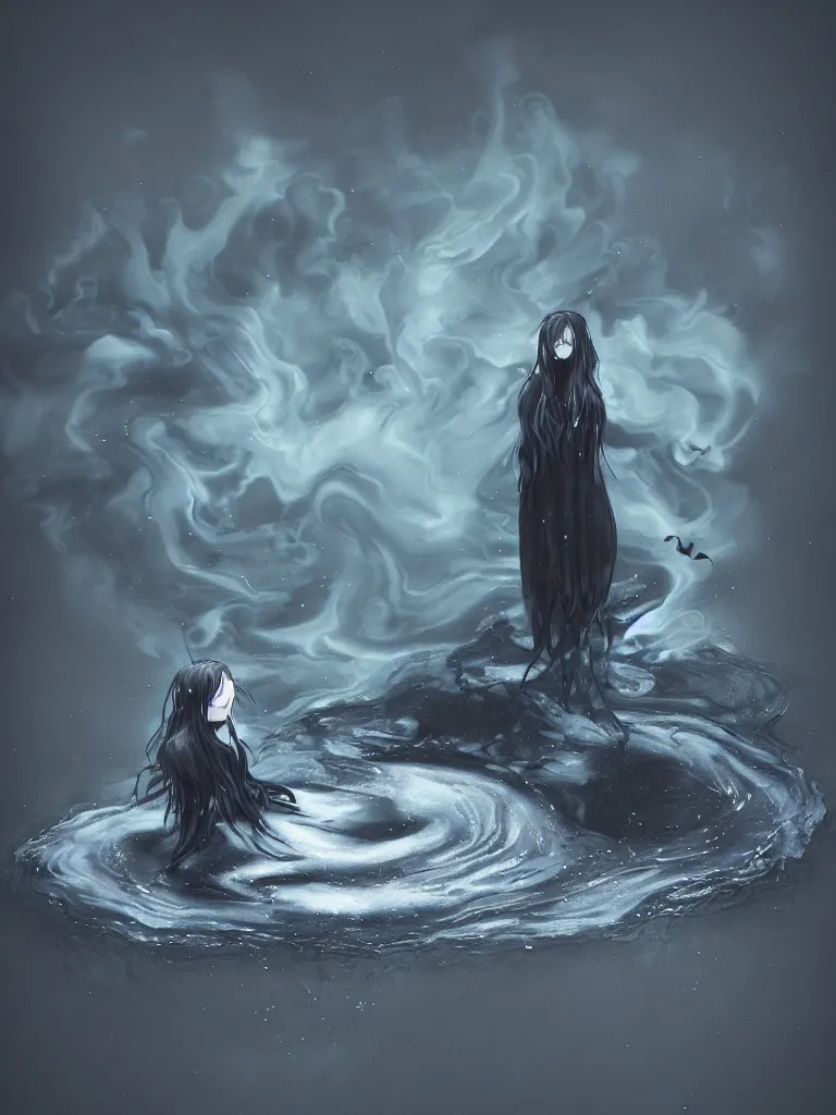 Prompt: cute fumo plush of a cursed frail witch girl sinking into an inky black reflective pond of blackness swirling with strange energetic fluid, volumetric smoke and fog, environment map reflective water, goth, vignette, vray