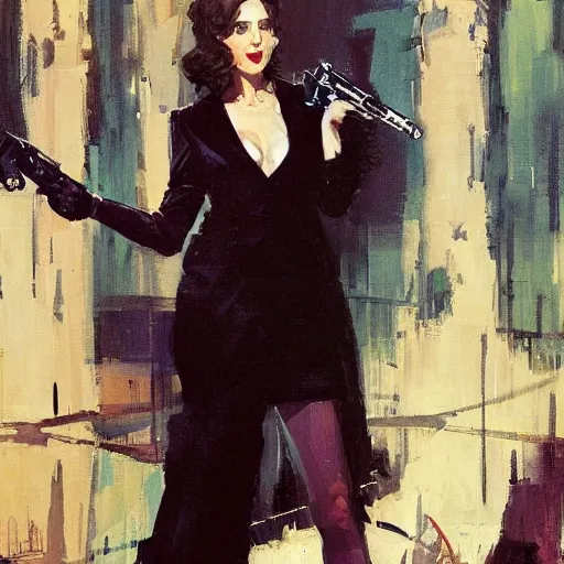 Image similar to alison brie wearing a tuxedo, holding a martini and a silenced pistol, intricate, elegant, highly detailed, greg manchess, mucha, liepke, ruan jia, jeffrey catherine jones, ridley scott