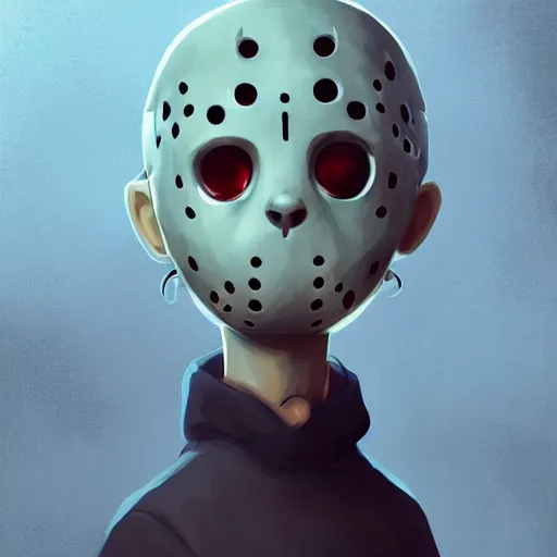 Prompt: cute little boy anime character inspired by jason voorhees art by rossdraws, wlop, ilya kuvshinov, artgem lau, sakimichan and makoto shinkai, anatomically correct, extremely coherent, highly detailed, focus shaped, slasher movies, smooth, red lighting, realistic h 5 7 6