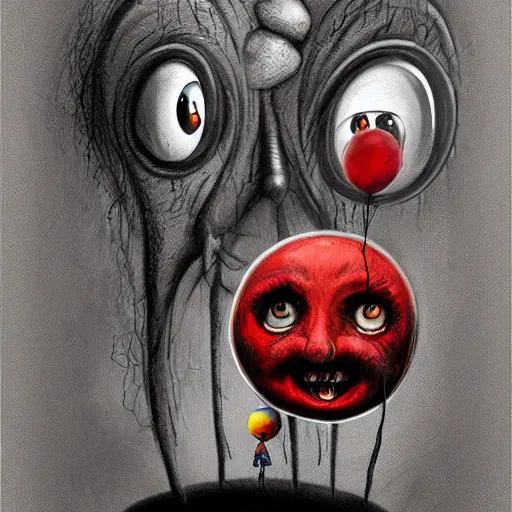 Image similar to surrealism grunge cartoon portrait sketch of a circular monster with a wide smile and a red balloon by - michael karcz, loony toons style, comic book style, horror theme, detailed, elegant, intricate