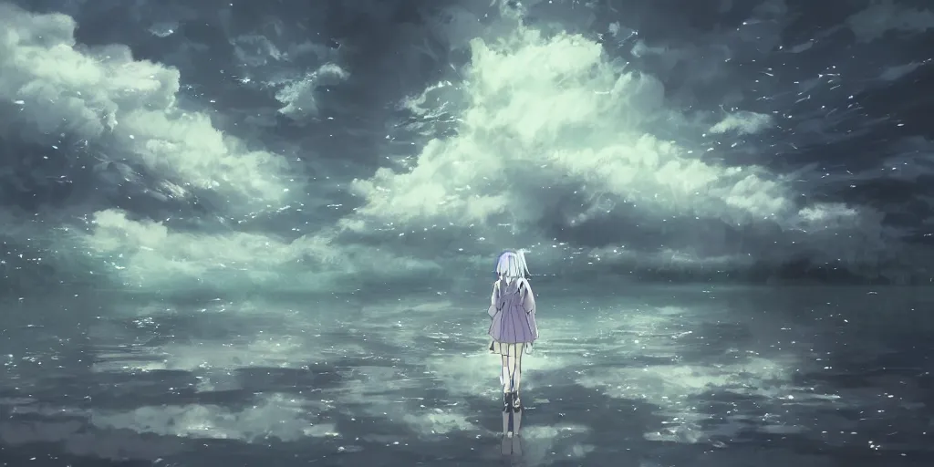 Prompt: white haired girl walking in flooded cloud palace night, fractal dreamscape, cinematic, vibrant dark colors digital anime illustration by studio ghibli, smooth coloring - n 9