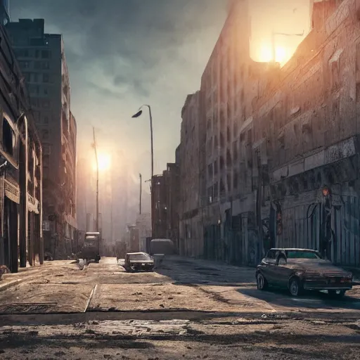 Image similar to an abandoned, decrepit city, dslr, 8 k, octane beautifully detailed render, cold lighting, cinematic lighting, detailed photo, masterpiece, volumetric lighting, ultra realistic, highly detailed, high quality, lossless, photorealistic