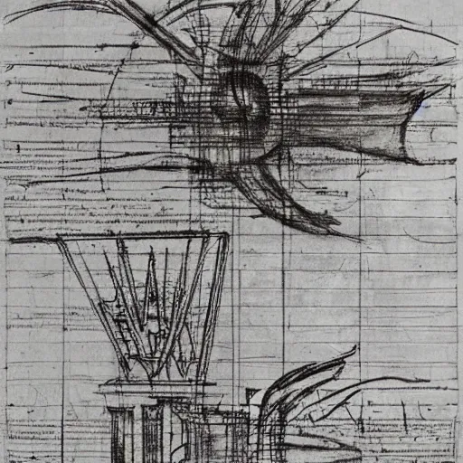 Image similar to leonardo da vinci intricate full page scan blueprint of concept art dark new music instrument on grey paper sketch ink style with music sheet backgroud