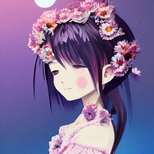 Prompt: little girl with flowers in hair wearing an dress made of feathers, anime style, art by ilya kuvshinov, 8 k, concept art