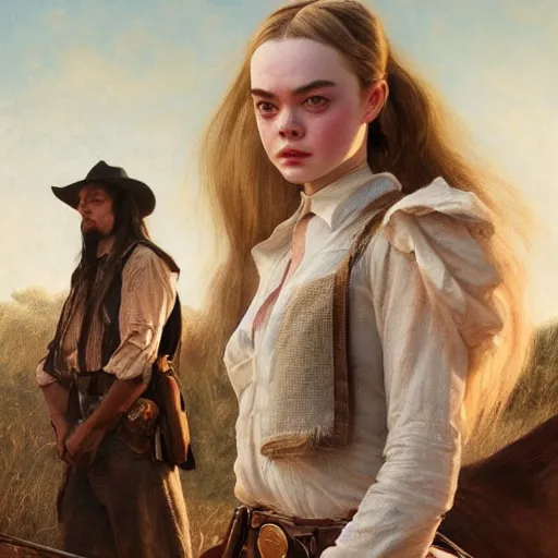 Prompt: ultra realistic portrait painting of elle fanning, ana de armas, anya taylor - joy as a western outlaw, art by frank frazetta, 4 k, ultra realistic, highly detailed, epic lighting