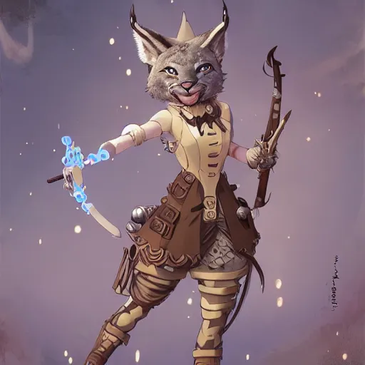 Prompt: wide angle beautiful full body portrait of a strong male anthropomorphic anthro lynx fursona wearing a steampunk dress surrounded by floating swords. character design by disney, anime, manga, charlie bowater, ross tran, artgerm, and makoto shinkai, detailed, soft lighting, rendered in octane, light brown fur