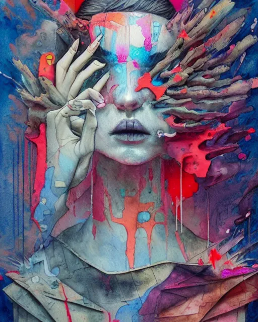 Prompt: mixed media, watercolor, a brutalist designed, vivid colours, cryptic, mystical, pop surrealism by james jean, juan gatti, atmospheric, trending on artstation. 8 k masterpiece.