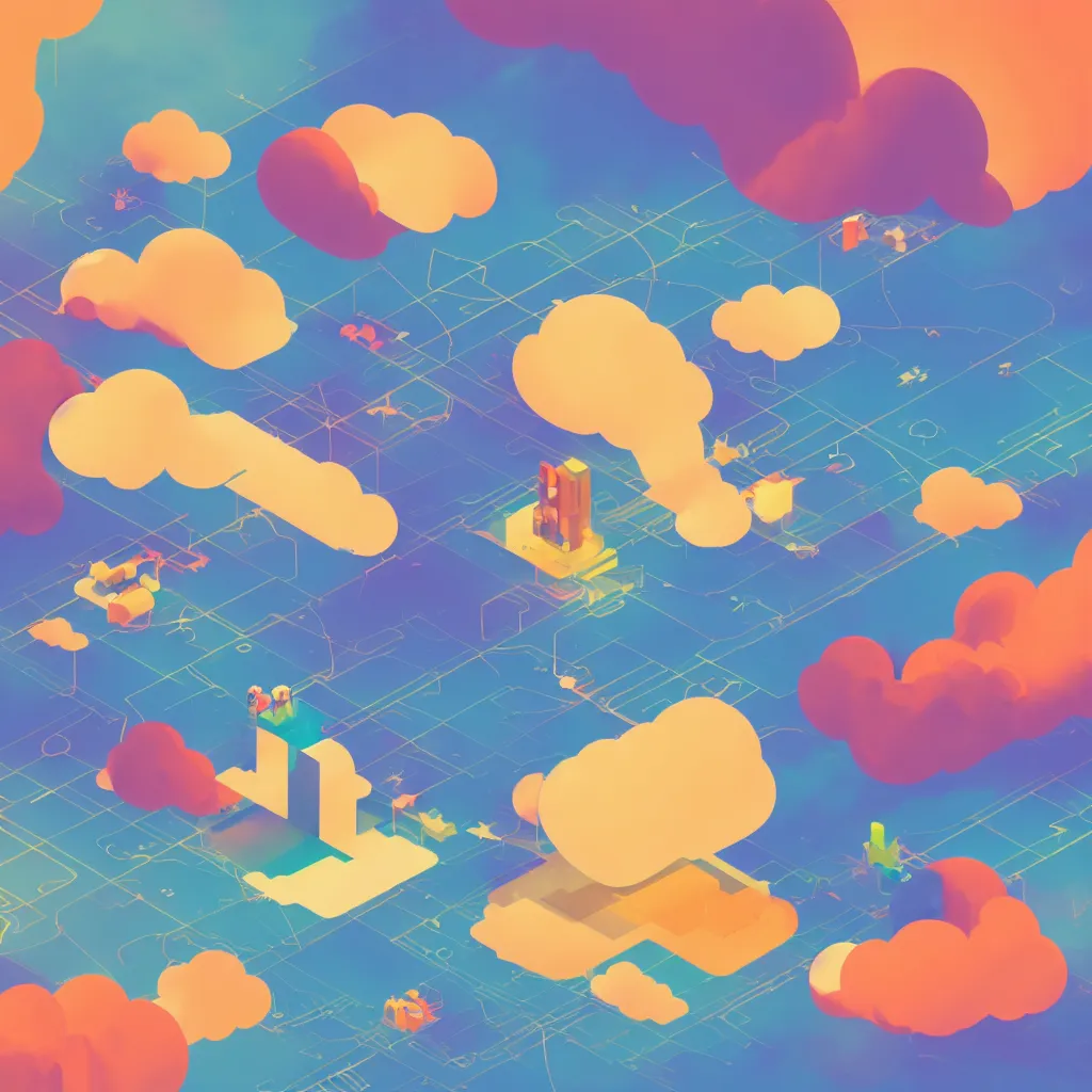 Image similar to a simple micro-service deployed to a public cloud, security, attack vector, trending on Artstation, painting by Jules Julien, Leslie David and Lisa Frank, muted colors with minimalism