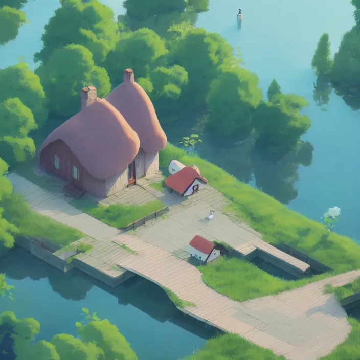 Image similar to isometric view of a lovely cottage standing in the middle of a lake, plain background, cory loftis, james gilleard, atey ghailan, makoto shinkai, goro fujita, studio ghibli, exquisite lighting, clear focus, very coherent, soft painting