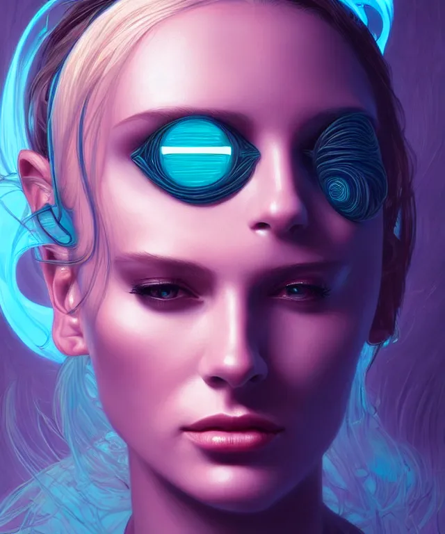 Image similar to Supermodel woman turning into an Android portrait, dark surrealism , scifi, intricate, elegant, highly detailed, teal neon glowing eyes, digital painting, artstation, concept art, smooth, sharp focus, illustration, art by artgerm and moebius and alphonse mucha