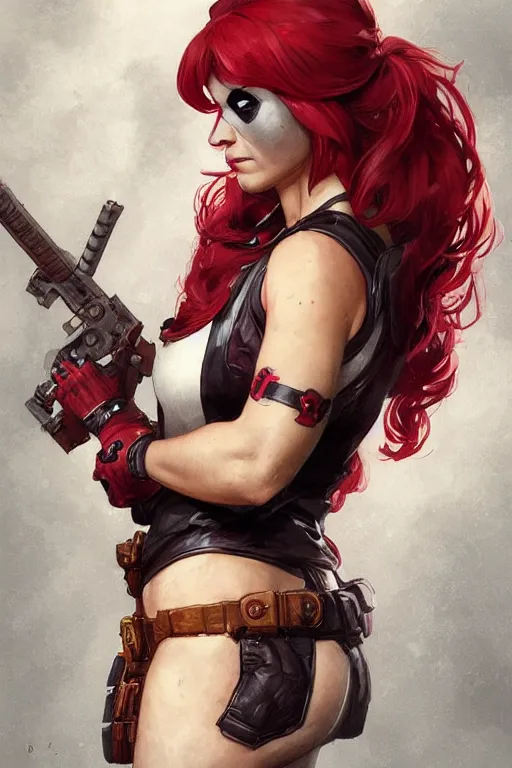 Image similar to portrait of a girl wearing deadpool costumes, upper body, red hair, long hair, d & d, fantasy, fierce, sharp features, intricate, elegant, highly detailed, digital painting, artstation, concept art, matte, sharp focus, illustration, art by artgerm and greg rutkowski and alphonse mucha