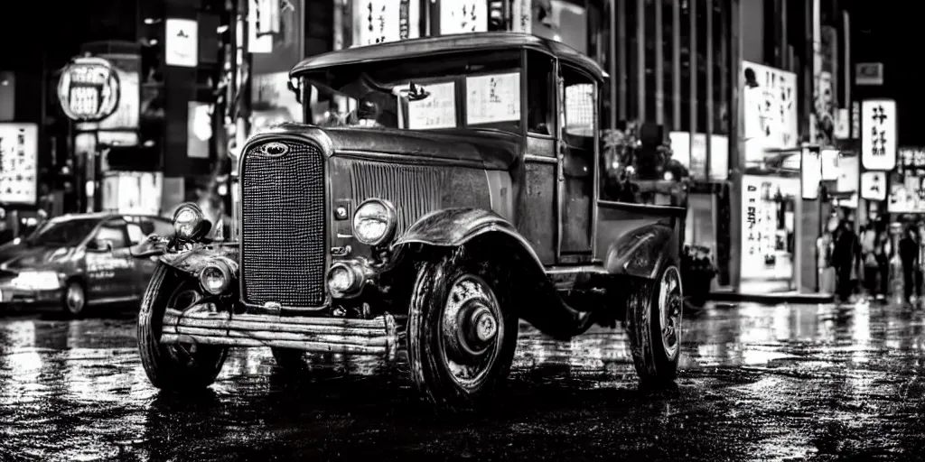 Image similar to close up macro shot of a ford t car on wet tokyo street at night, intricate, hyper detailed, smooth, dramatic lighting, cinematic