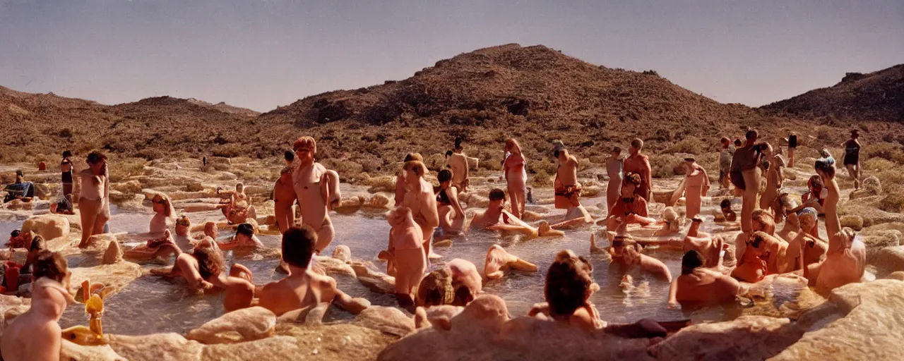 Prompt: people taking a natural hot springs of spaghettios desert evening, kodachrome, in the style of wes anderson