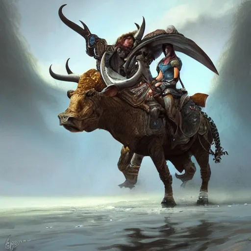 Prompt: rafael laguna de la vera, riding an ox, beautiful, sci-fi high fantasy, intricate, elegant, highly detailed, digital painting, artstation, concept art, Ultrarealistic illustration