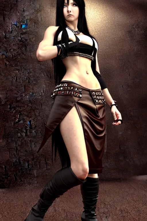 Prompt: Tifa Lockhart rendered in Cinema 4D, elegant intricate ornate futuristic leather skirt and white tank top, dark brown flowing long hair, art by Artgerm and Alphonse Mucha, hyperrealism, full body photogenic shot, digital render, clothing studded with large orbs of colorful crystal, 8k resolution, masterpiece work