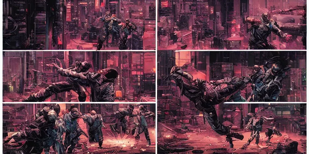 Prompt: Cyberpunk ninja roundhouse kick. Epic painting by James Gurney and Laurie Greasley.