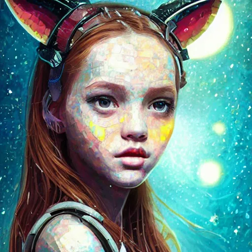 Image similar to mosaic portrait of a beautiful young girl with robot ears falling into the universe by Ross Tran, 4k, intricate details