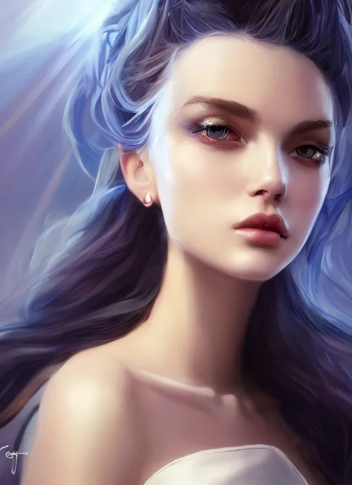 Image similar to beautiful fashion goddness, strapless dress, character portrait in the style of thomas river and artgerm, wlop, cinematic lighting, hyperdetailed, 8 k realistic, symmetrical, global illumination, radiant light, halo, love and mercy, frostbite 3 engine, cryengine, dof, trending on artstation, digital art, chanel