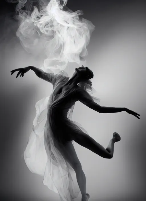 Prompt: a Photorealistic dramatic hyperrealistic render of a glamorous beautiful Female smoke dancer with perfect human form by Ken Brower and Deborah Ory of NYC Dance project,Lois Greenfield,Flowing cloth and smoke,Beautiful dynamic dramatic dark moody lighting,volumetric,shadows,cinematic atmosphere,Octane render,8K